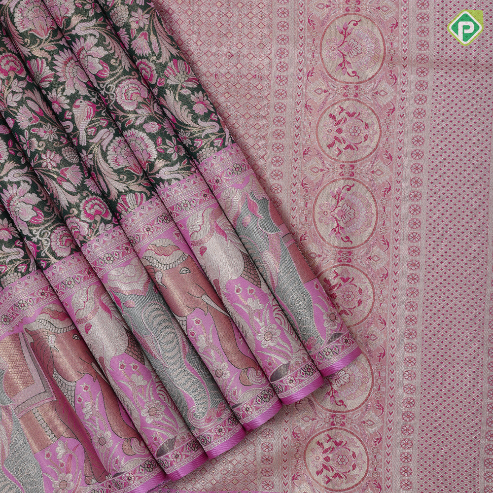 olive green silver gold zari by zari grand floral meena work lavender pink gold zari elephant border tissue silk saree