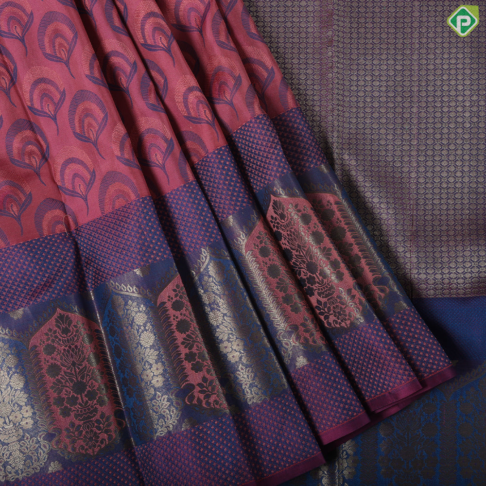 Rani Pink Peacock feather thread work design self gold zari plant meena work border trendy silk saree