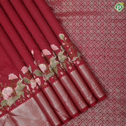 Maroon red silver gold zari stipes and four side floral embroidered self silver gold zari zig zag line border embroidery silk saree