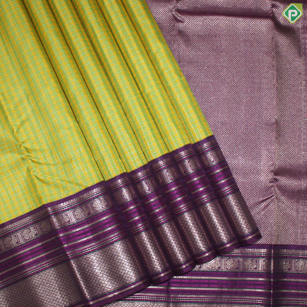 Multi color Gold Zari Checked Design With Dark Pink Peacock And Mayilkan Design Border Traditional Silk Saree