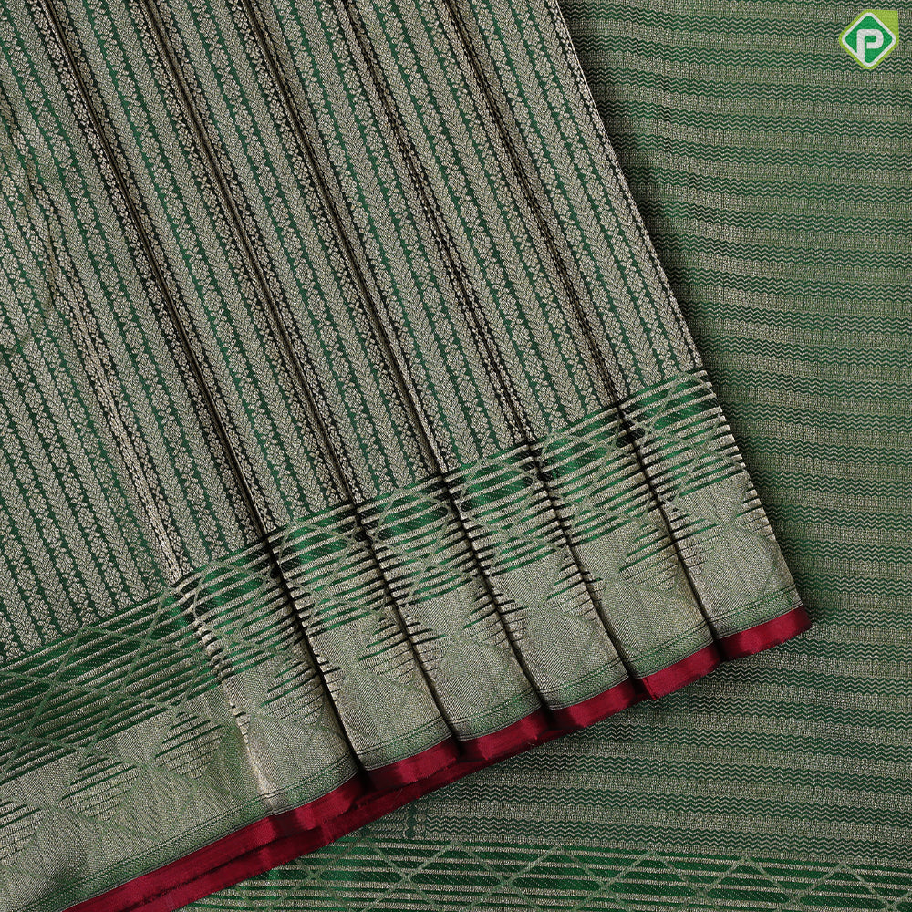 Forest green Gold Zari self designed Stripes design self gold zari red edge border trendy designer silk saree
