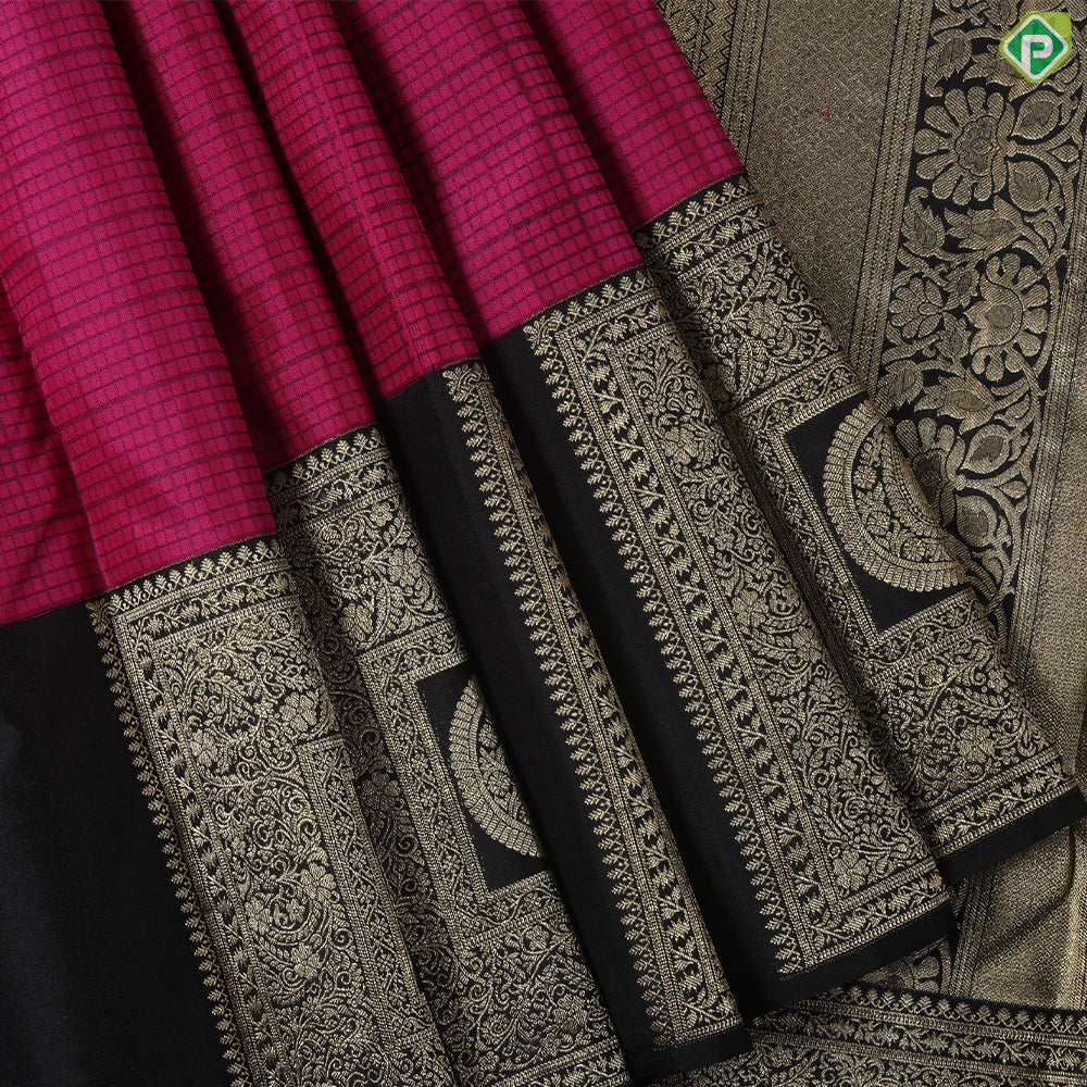 Rani pink black checks thread work design contrast luxury black gold zari border trendy silk saree
