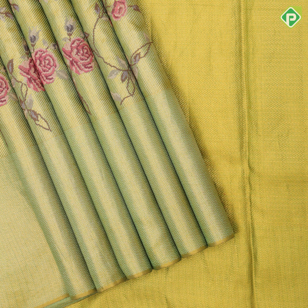 Lavender base gold zari with silk thread floral embroidered design plain gold zari zig zag border embroidery silk saree