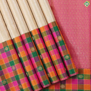 Creamy gold zari by zari weaved design multi colour checks border Traditional silk saree