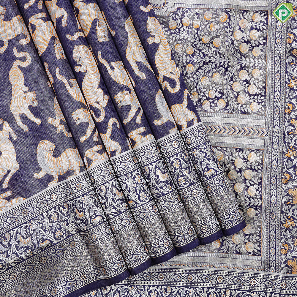 Indigo Blue With Grey And Tiger Orange Tiger Butta Design Self Colour Pythonic Border Exclusive Bridal Silk Saree