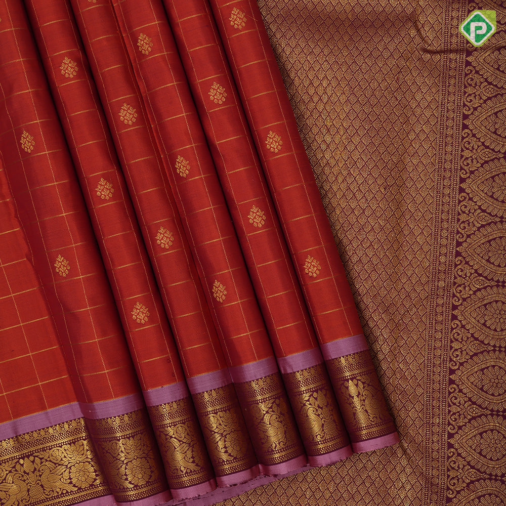 Rust Orange Gold Zari Checked Flower Motif Magenta Peacock Border Design Traditional Silk Saree