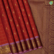 Rust Orange Gold Zari Checked Flower Motif Magenta Peacock Border Design Traditional Silk Saree