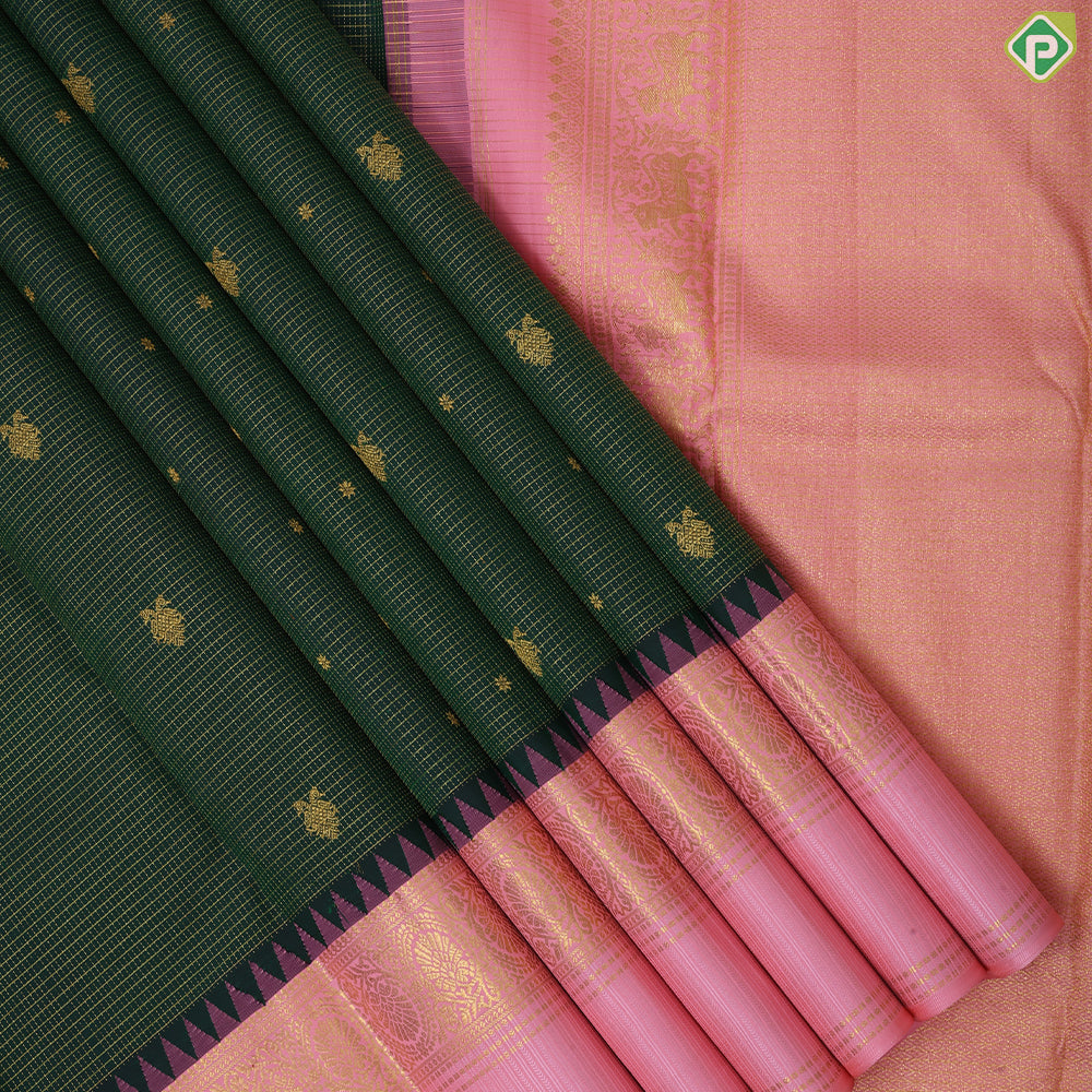 Jungle green gold zari kattam gandapiranda star butta baby pink rangoli design temple border traditional silk saree