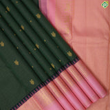 Jungle green gold zari kattam gandapiranda star butta baby pink rangoli design temple border traditional silk saree