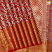 tomato red silver gold zari meena work bird and floral design self gold zari pallakku design border tissue silk saree