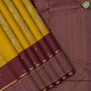 Mango yellow gold zari round butta ikkat design maroon gold zari multi concept design border ikkat silk saree