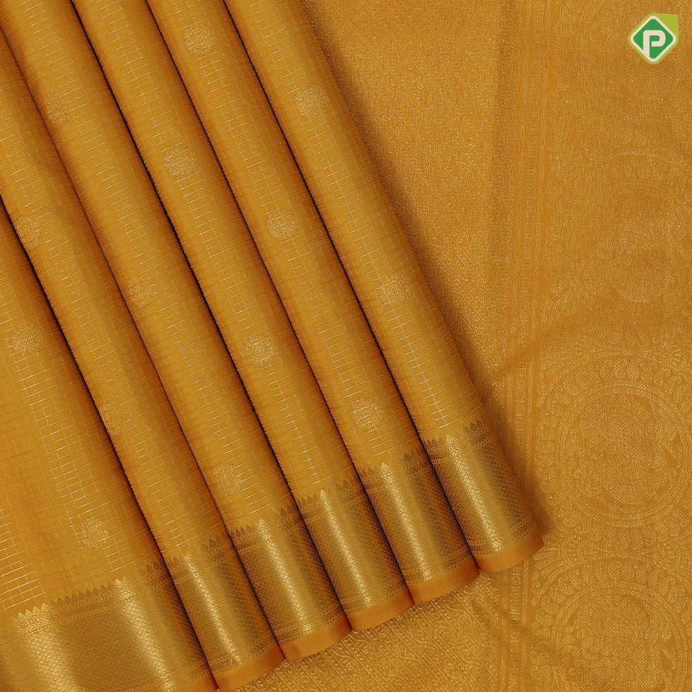Golden mustard gold zari vairaoosi zari kattam buta self gold zari mayilkan border traditional silk saree