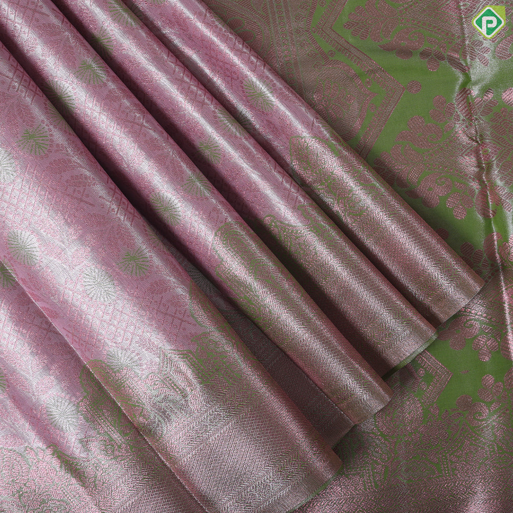 light pink copper zari embossed design apple green copper zari turning border tissue art silk saree