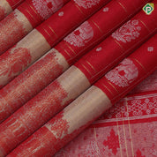 Tomato Red Silver Zari Elephant Flower Checked Design Self Colour Gold Zari Temple Border Design Traditional Silk Saree