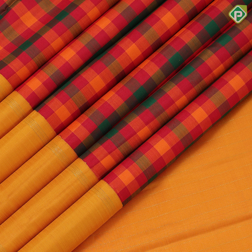 Brighten multi color checks design mango yellow gold zari retta pett border paalum pazhamum traditional silk saree