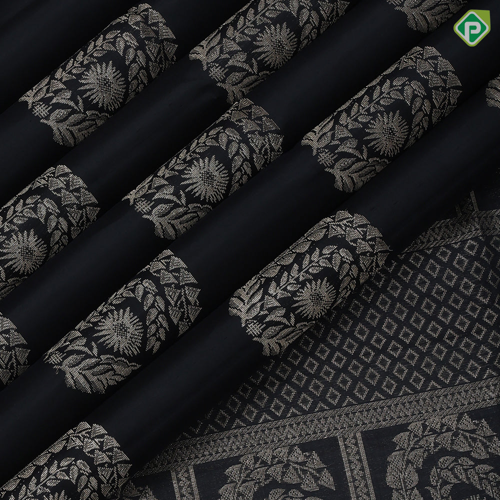 Black with silver gold zari rounded leaves design self gold zari border black special soft silk saree