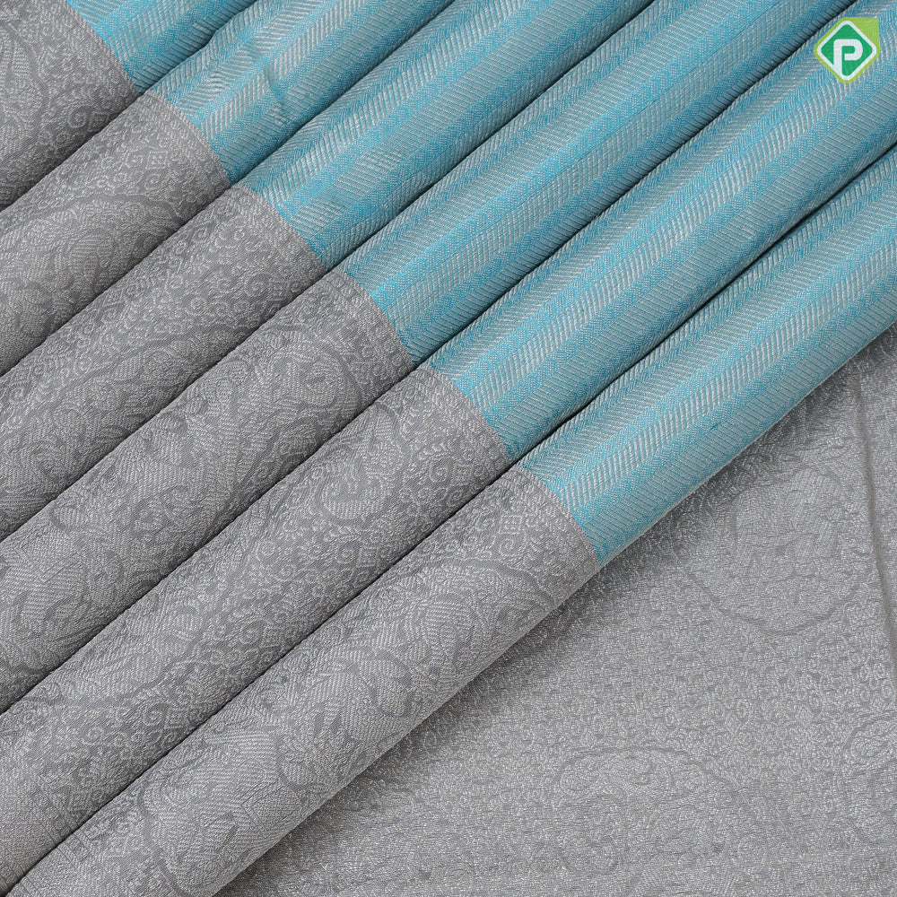 Sky blue silver zari stripes design light grey sliver zari mango butta vanasingaram border trendy designer silk saree