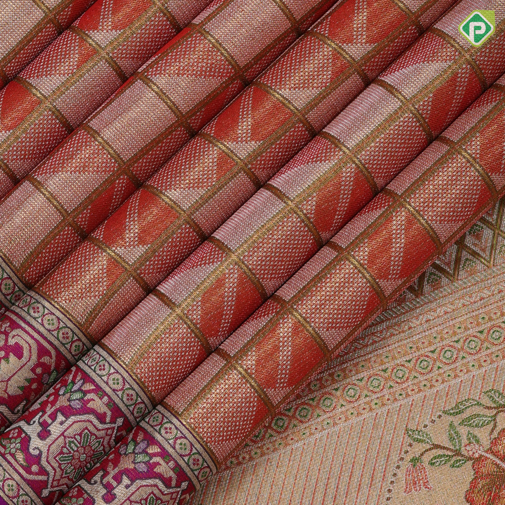 Honey orange silver zari filled gold zari checks geomatical design purple pythoni border bridal silk saree