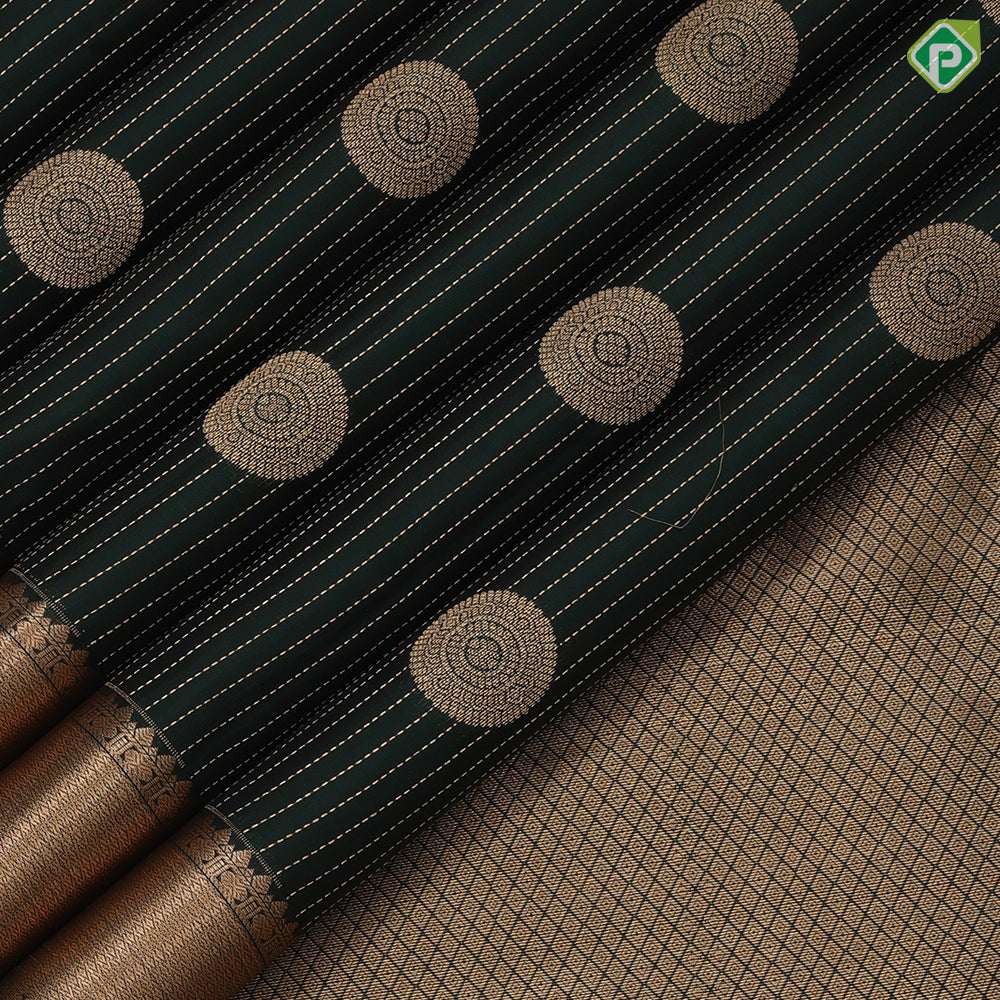 Bottle Green Gold Zari Vairaoosi Lines Chagara Design Self Colour Ruthracham Mayilkan Border Design Traditional Silk Saree