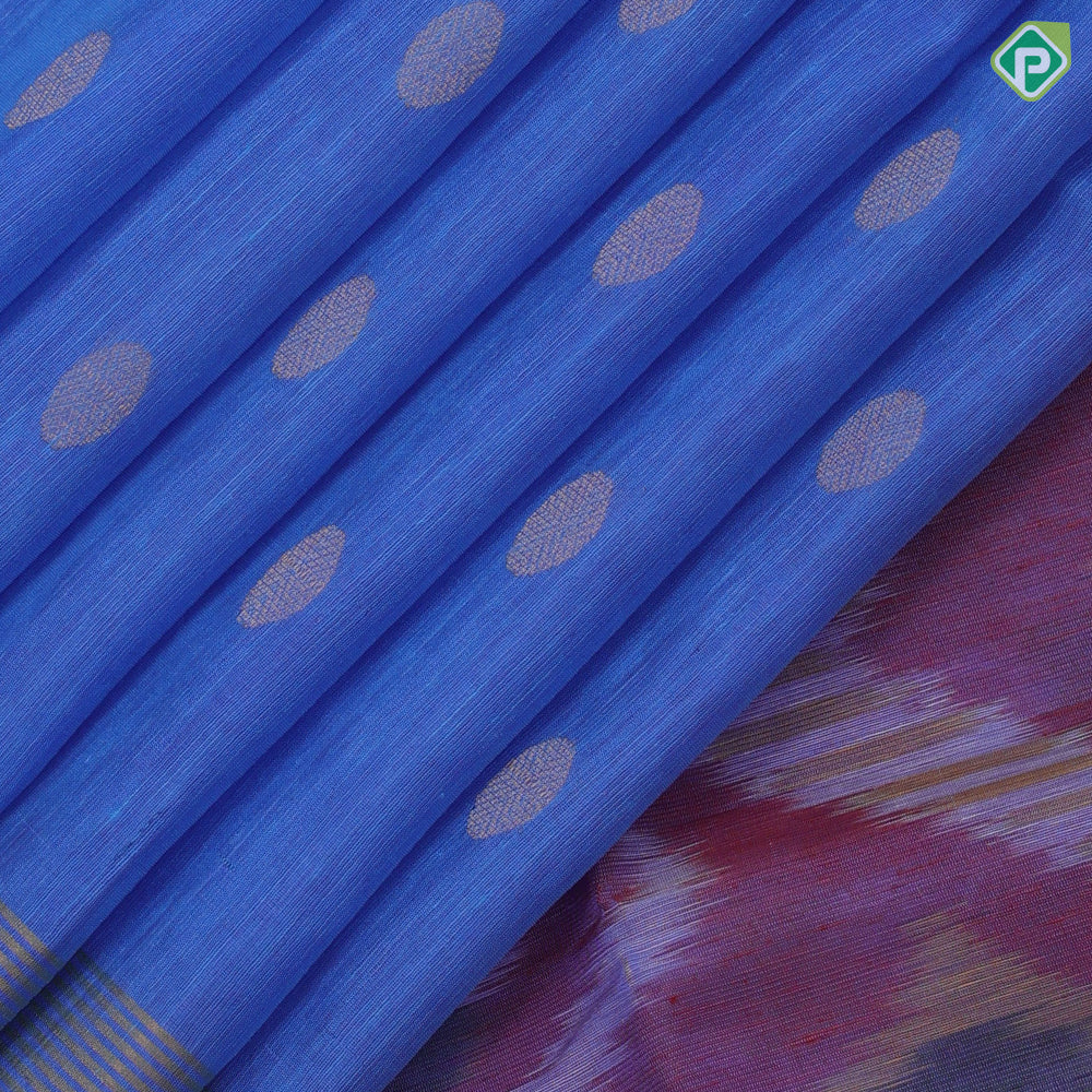 Cornflower blue gold zari chakkaram butta motifs self gold zari lines Ikkat design pallu concept linen soft silk saree