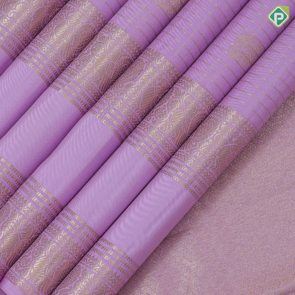 Lavender with gold zari vairaoosi checks butta design self gold zari retta pett border traditional silk saree