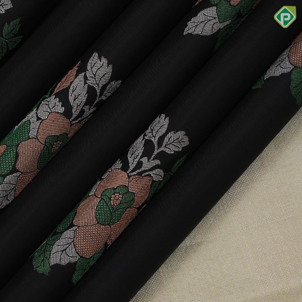 Luxury black with multi color zari flower bunch butta design borderless luxury black silk saree