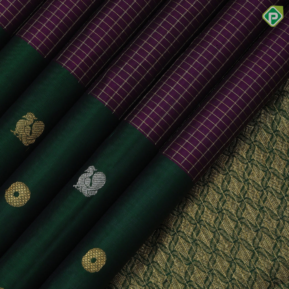 Purple Gold Zari Vairaoosi Checks Bottle Green Peacock Chagaram Motif Border Design Traditional Silk Saree