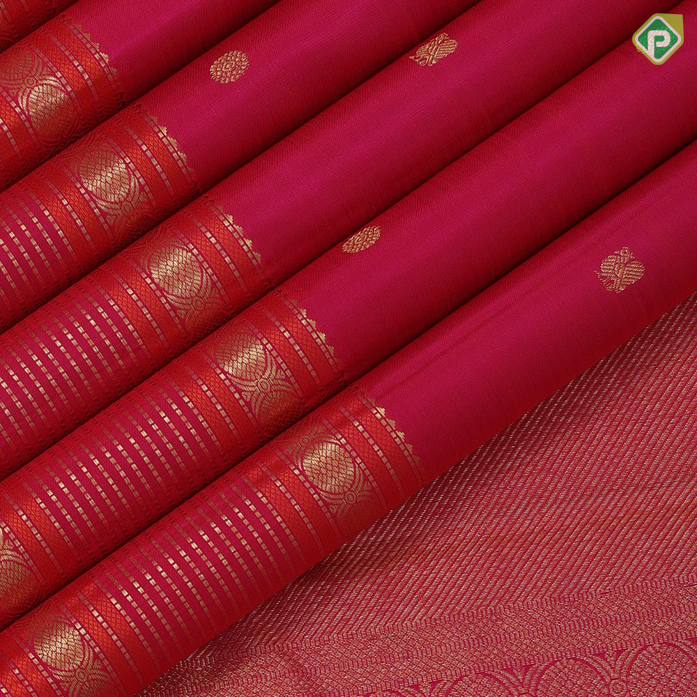 Dual shade pink gold zari small annam rudraksham butta self gold zari thread work multi lines border traditional silk saree