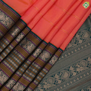 peach orange gold zari padded thread lines bottle green gold zari meena work lines border traditional silk saree