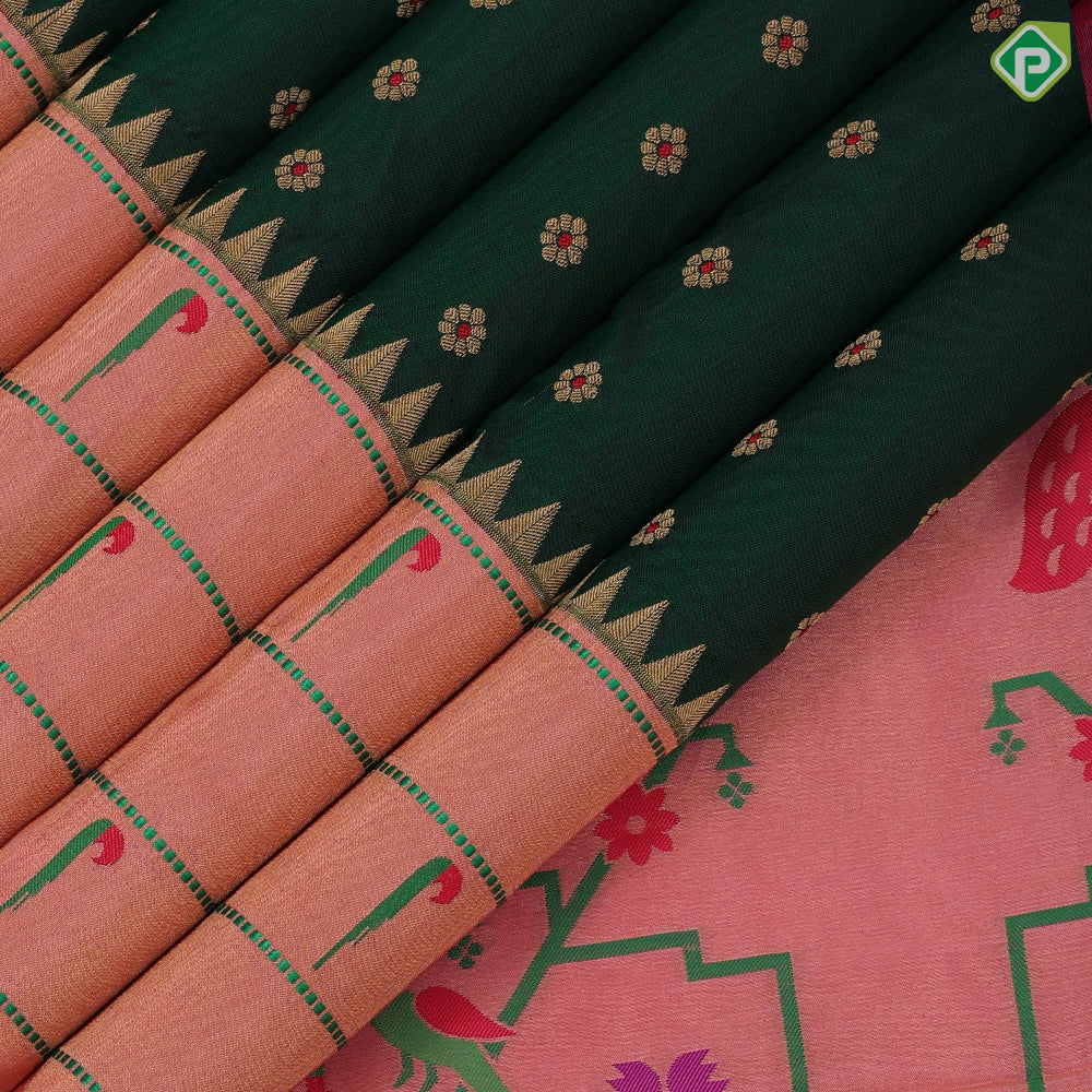 Dark green gold zari flowers butta design peach pink gold zari paithani work border and pallu design banaras style silk saree