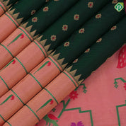 Dark green gold zari flowers butta design peach pink gold zari paithani work border and pallu design banaras style silk saree
