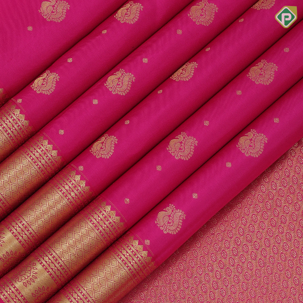 Rose pink gold zari peacock beads lines design self gold zari mayilkan flower butta border gift silk saree
