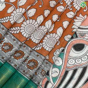 Honey orange multi color kalamkari printed design contrast pink gold zari border fancy cotton saree