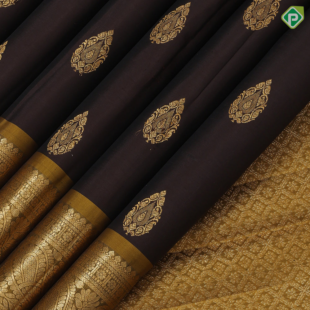 Coffee Brown Gold Zari Thilagam Butta Design Camel Colour Peacock Border Design Pure Mix Silk Saree