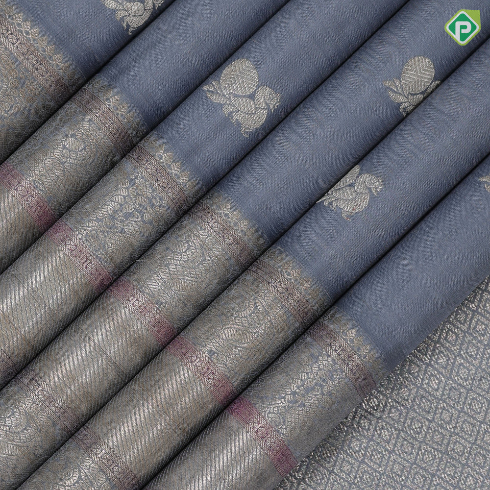 Steel grey silver gold zari Annam butta design self silver gold zari multi lines meena work border traditional Navratri silk saree