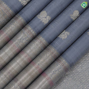 Steel grey silver gold zari Annam butta design self silver gold zari multi lines meena work border traditional Navratri silk saree
