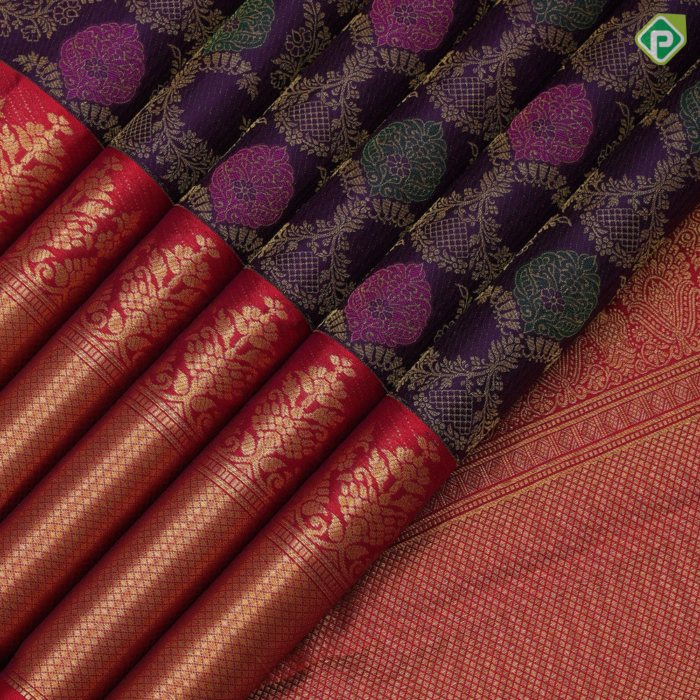 Purple blue gold zari meena work grand creeper design rani red gold zari mayilkan fancy floral border grand bridal silk saree