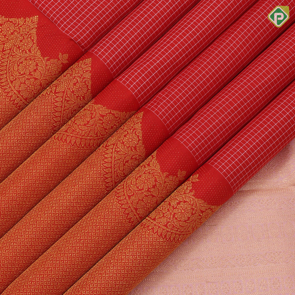 Tomato red cream white checked design Self color gold zari turning border traditional silk saree