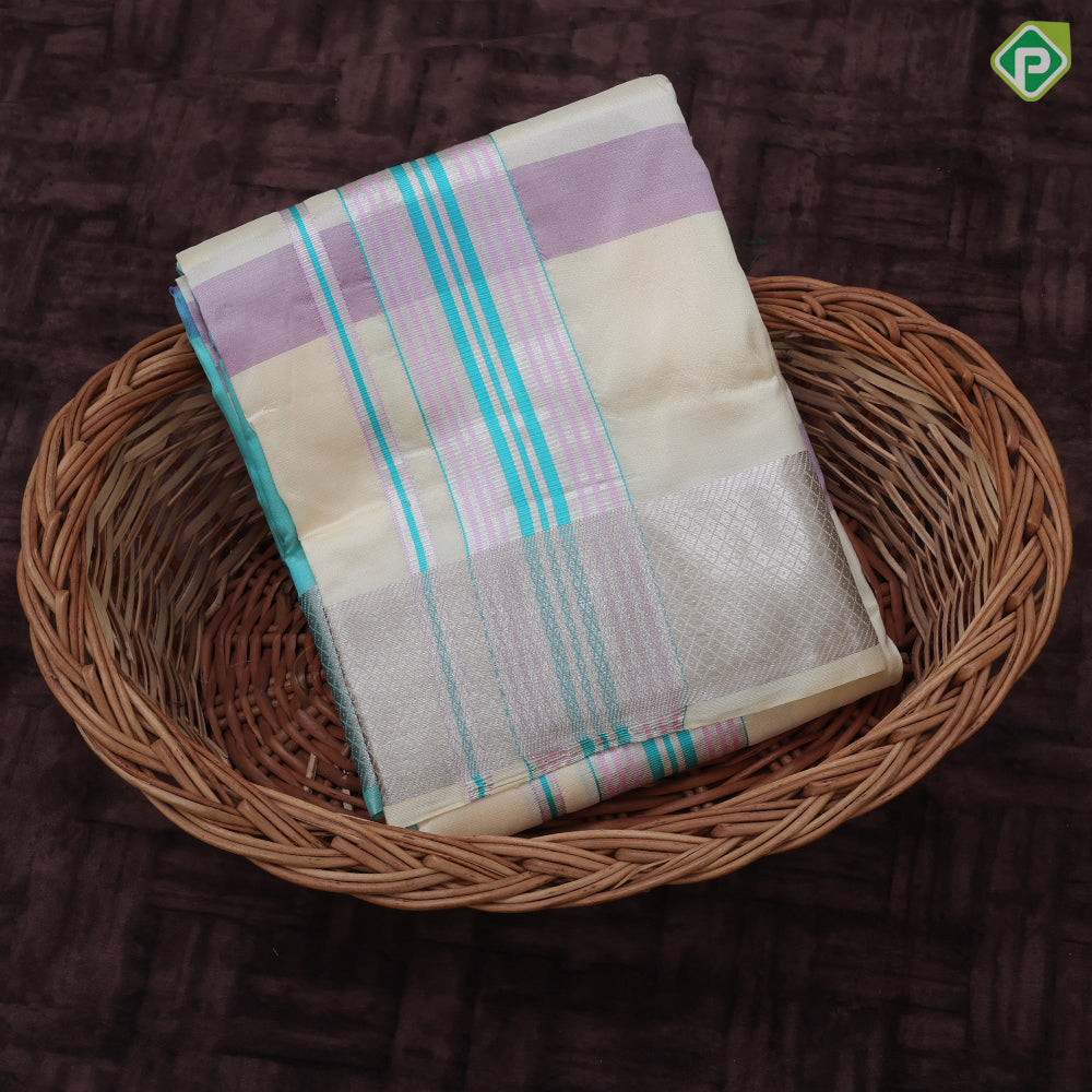 creamy sandal multi color checks design silver zari mayilkan border 8*4 silk dhoti set