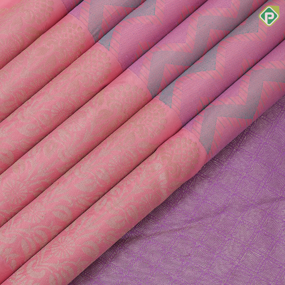 Light pink multi color thread work zig zag design self gold zari big fancy floral butta motifs border trendy designer silk saree