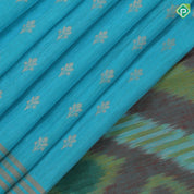 Turquoise blue gold zari fancy flower stripes self gold zari border ikkat style pallu linen soft silk saree
