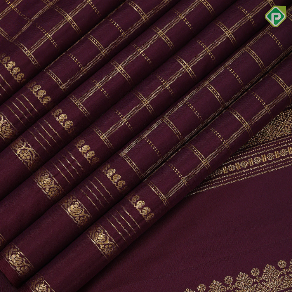 Plum burgundy gold zari checks window panel design self gold zari reta pett border traditional silk saree