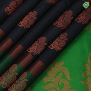 Black with copper zari fancy butta design contrast green copper zari border padded border soft silk saree