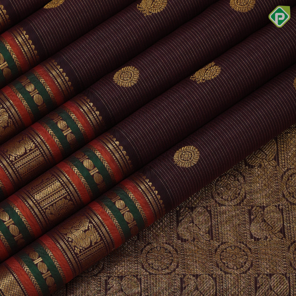 Dark claret red gold zari vairaoosi chakkaram butta motifs self gold zari multi color lines green edge border retro silk saree