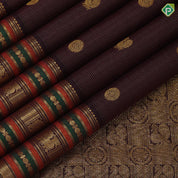 Dark claret red gold zari vairaoosi chakkaram butta motifs self gold zari multi color lines green edge border retro silk saree