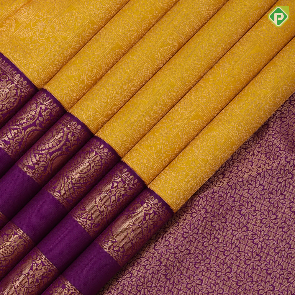 Mango gold zari multi designed shapes Purple gold zari peacock lines retta pattai border grand silk saree