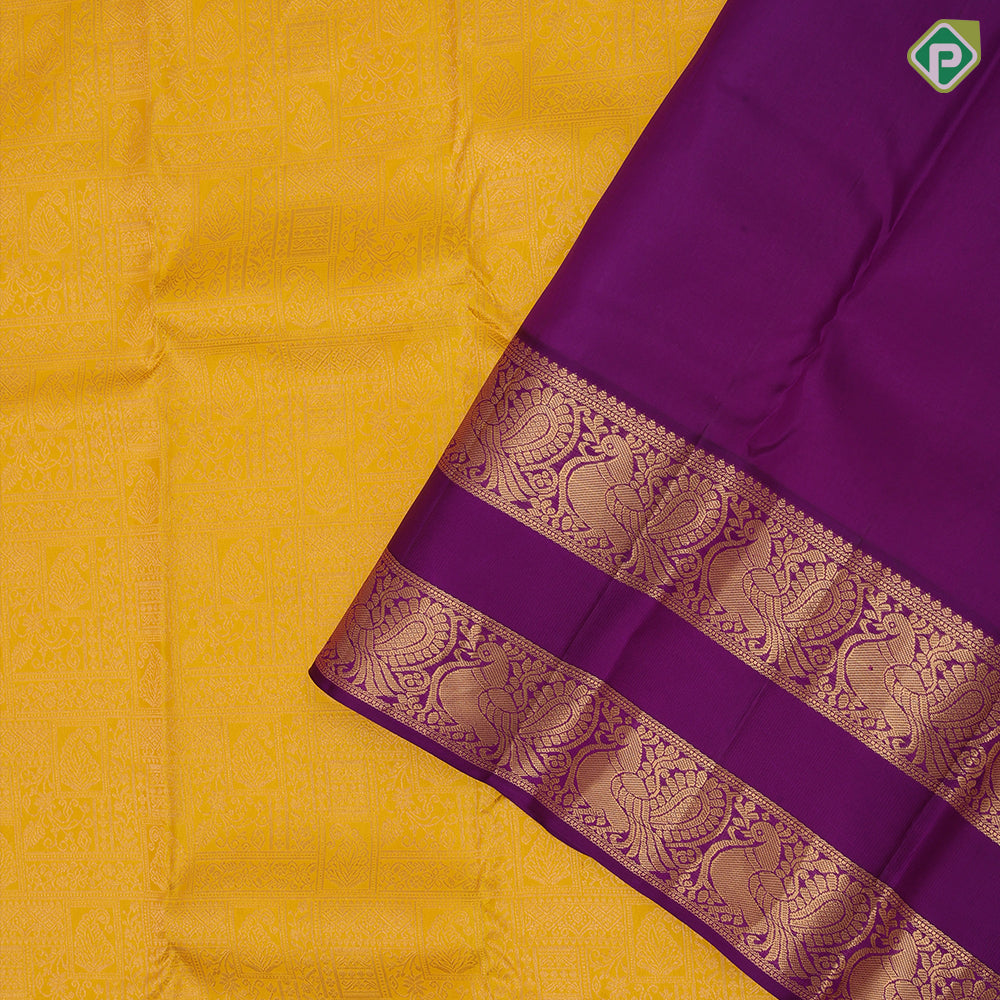 Mango gold zari multi designed shapes Purple gold zari peacock lines retta pattai border grand silk saree