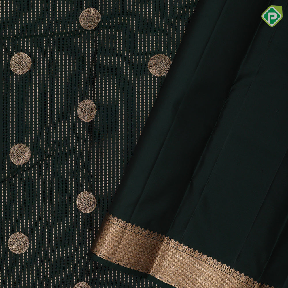 Bottle Green Gold Zari Vairaoosi Lines Chagara Design Self Colour Ruthracham Mayilkan Border Design Traditional Silk Saree