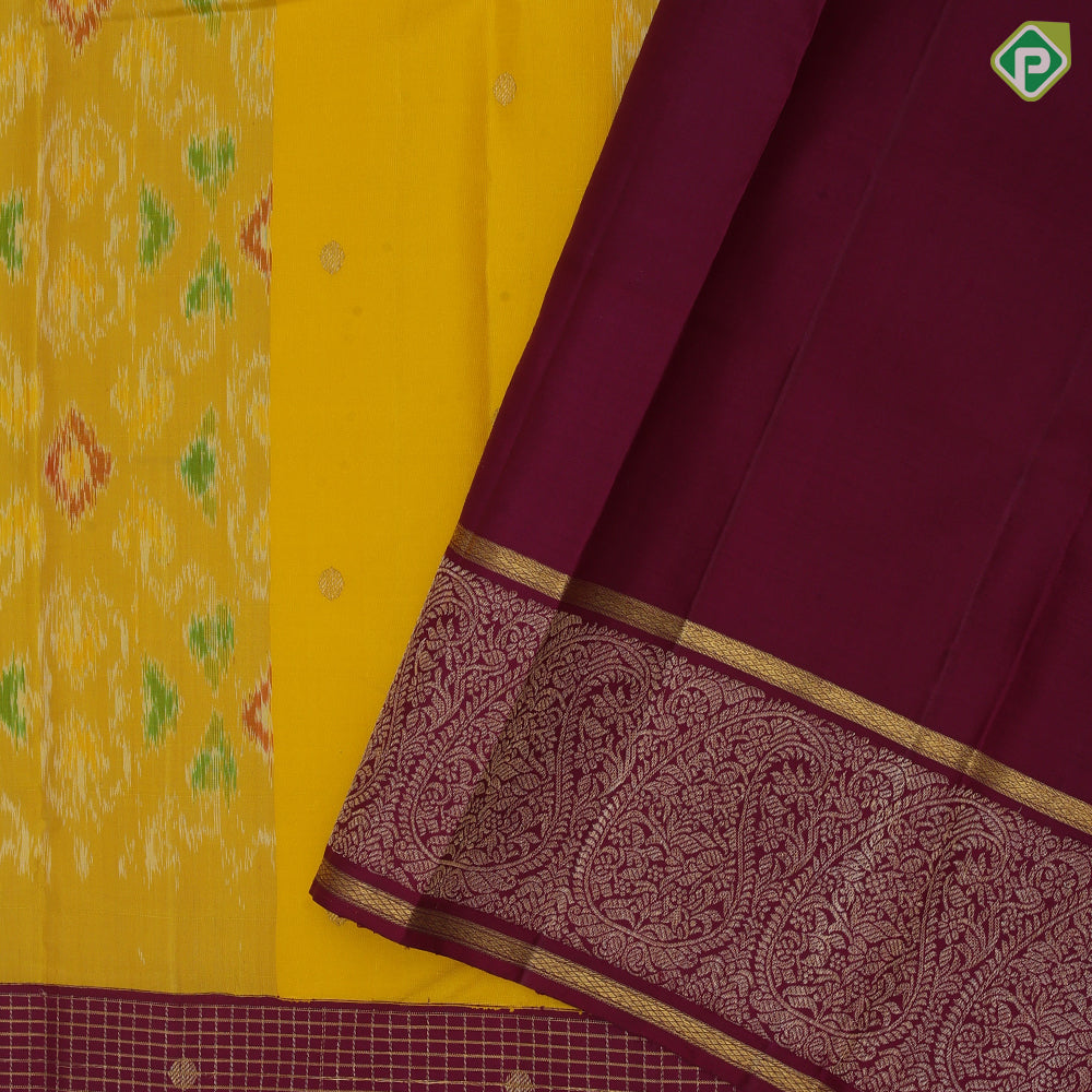Mango yellow gold zari round butta ikkat design maroon gold zari multi concept design border ikkat silk saree