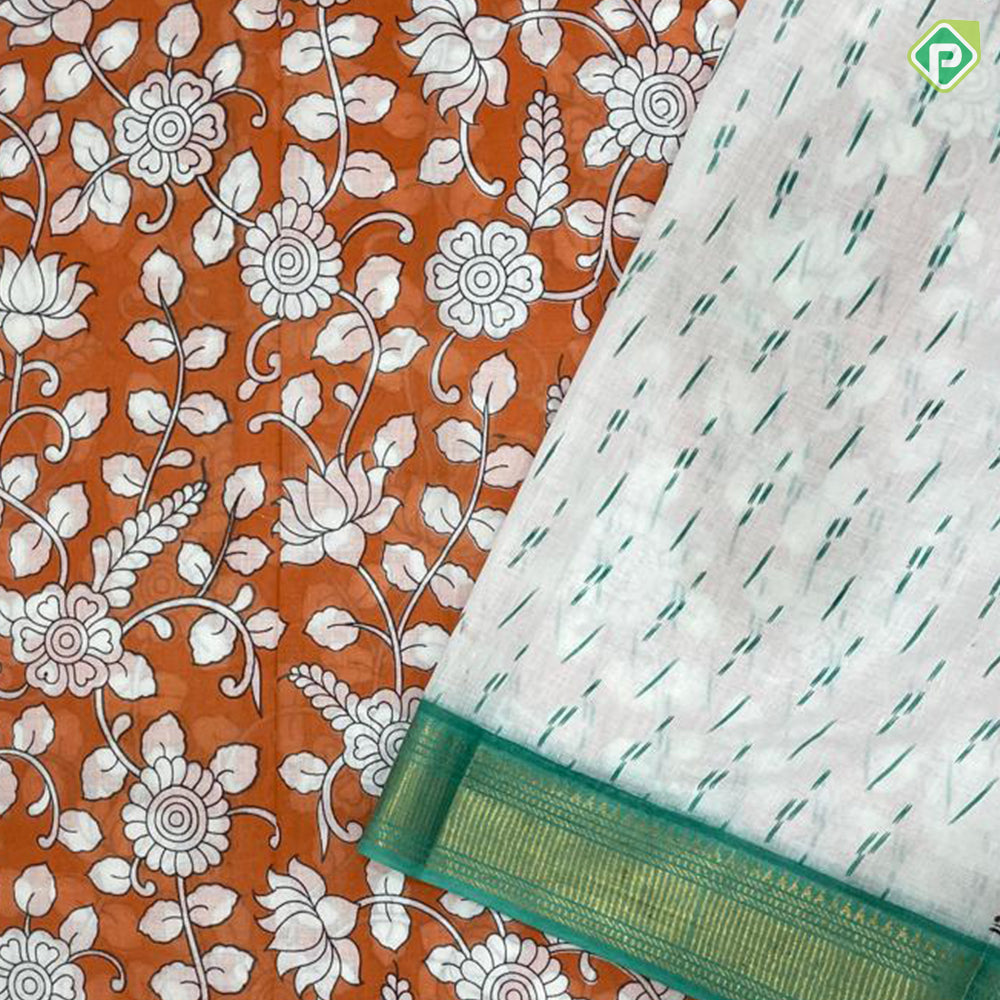 Honey orange multi color kalamkari printed design contrast pink gold zari border fancy cotton saree